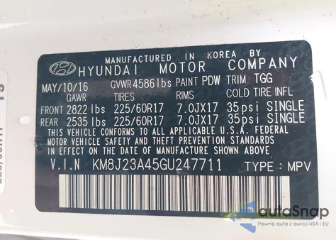 2016 Hyundai Tucson Se z USA, uszkodzony, nr VIN KM8J23A45GU247711